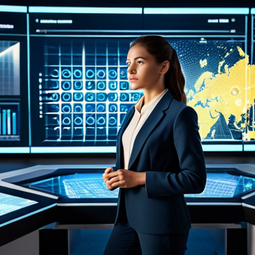 Home 8 A professional female media producer, dressed in a smart business casual outfit with a stylish blazer and trousers, stands confidently in a futuristic media control room. She is looking at a large interactive screen displaying complex data visualizations and multi-platform content grids. Her expression is thoughtful and innovative, with a natural pose. The background features glowing holographic interfaces and sleek, modern equipment, symbolizing AI integration and technological advancement. The lighting is bright and professional, creating a dynamic atmosphere. safe for work, appropriate content, fully clothed, professional, perfect anatomy, correct proportions, well-formed hands, natural body proportions, high quality, studio photography, professional dress.
