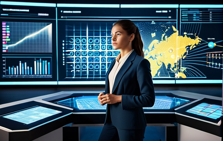 A professional female media producer, dressed in a smart business casual outfit with a stylish blazer and trousers, stands confidently in a futuristic media control room. She is looking at a large interactive screen displaying complex data visualizations and multi-platform content grids. Her expression is thoughtful and innovative, with a natural pose. The background features glowing holographic interfaces and sleek, modern equipment, symbolizing AI integration and technological advancement. The lighting is bright and professional, creating a dynamic atmosphere. safe for work, appropriate content, fully clothed, professional, perfect anatomy, correct proportions, well-formed hands, natural body proportions, high quality, studio photography, professional dress.